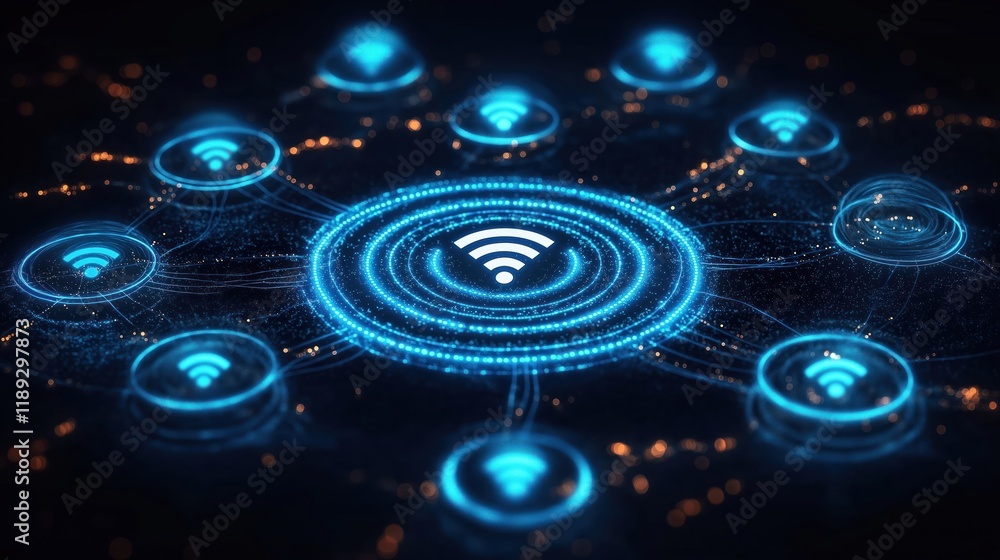 Poster digital wifi network system with multiple interconnected devices. dynamic glowing network infrastruc