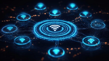 Obraz premium Digital wifi network system with multiple interconnected devices. Dynamic glowing network infrastructure displayed on modern tech interface. Innovative tech solution shows wifi security system in