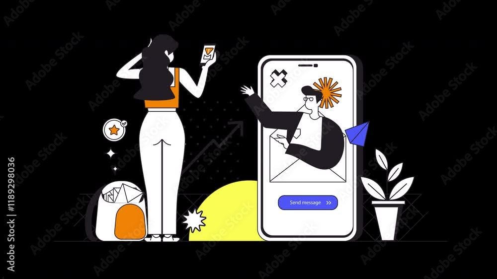 Poster a person using a smartphone while another figure appears on the screen, depicting a modern communica