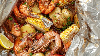 Foil packet of shrimp, corn, and potatoes.