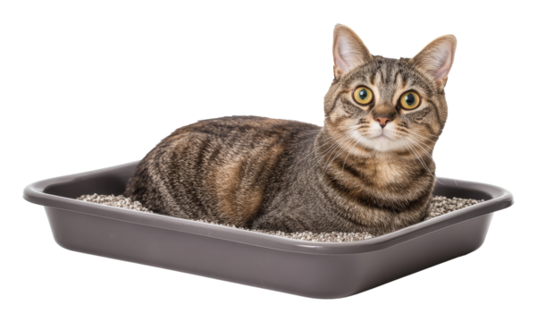 Tabby cat sitting in litter box with attentive expression on transparent background