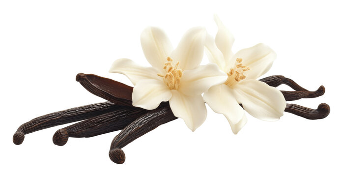 Vanilla beans and flowers on transparent background, composition showcasing aromatic spices and natural beauty