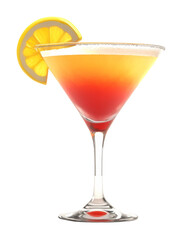 Cocktail glass with sunrise color gradient and orange slice garnish on transparent background