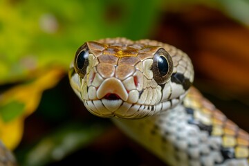 Obraz premium The Texas rat snake Elaphe obsoleta lindheimeri resting among green foliage in a natural habitat during daylight