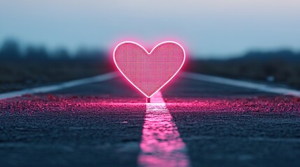 Fototapeta premium A glowing pink heart symbol on a road, creating a striking contrast against the landscape, evoking themes of love and connection.