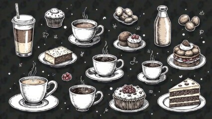 Hand draw la dolce vita breakfast doodles. Vector illustration of food and coffee icons. menus design, social media.