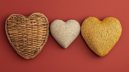 Obraz premium Three heart-shaped objects made from different materials (woven, stone, and textured) arranged against a warm red background.