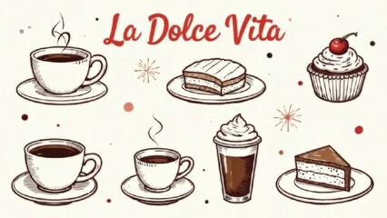 Hand draw la dolce vita breakfast doodles. Vector illustration of food and coffee icons. menus design, social media.