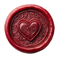 Red wax seal with engraved heart and floral design on transparent background, vintage romance concept