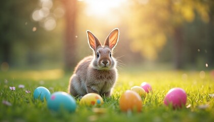 Cute rabbit sitting among colorful Easter eggs in a sunlit garden
