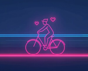Fototapeta premium A neon outline of a cyclist riding a bike, surrounded by heart shapes, set against a dark blue background with glowing lines.