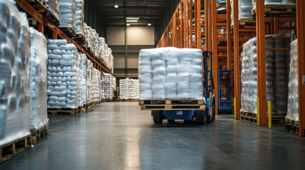 Naklejka premium Forklift transporting pallets of bagged goods in a warehouse.