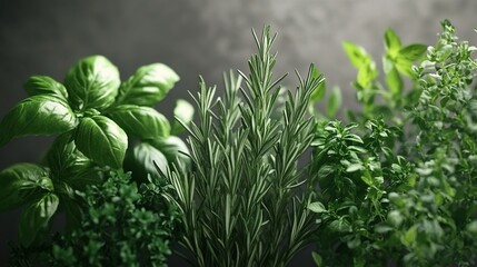 Obraz premium A close-up of various herbs, including rosemary and thyme, arranged on the right side of a muted grey background.