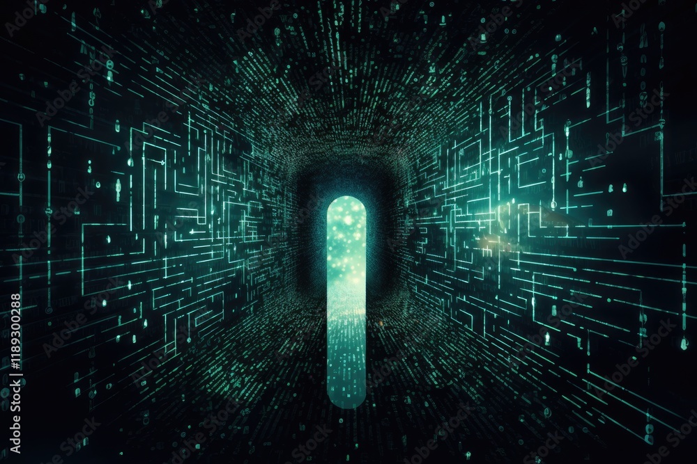 Poster binary code streaming through a keyhole, representing the gateway to digital secrets and information