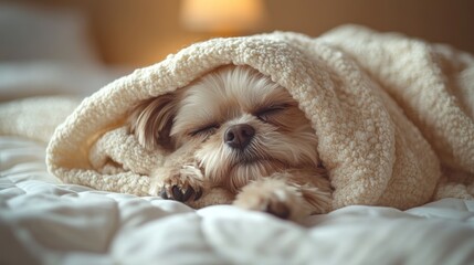 Adorable small dog peacefully sleeping under a cozy blanket on a bed. (1)
