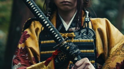 Woman in kimono holding katana.