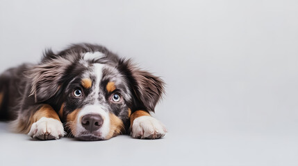 A studio portrait of an Australian Shepherd puppy lying on a white background, gazing towards the camera.