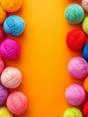 Colorful Yarn Balls on Orange Background - Vibrant yarn balls, craft supplies, knitting, crochet, colorful threads.  Symbolizing creativity, hobby, texture, warmth, and artistry.