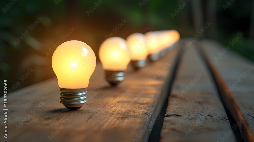 Poster softly glowing light bulbs illuminating a rustic wooden table in a serene natural environment during