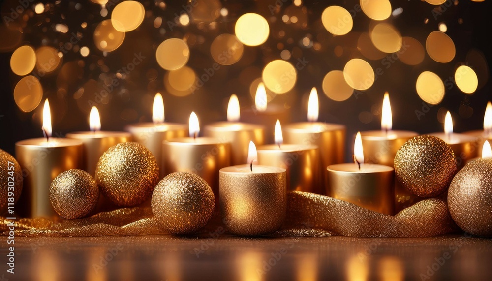 Poster a row of golden candles glows with a warm festive light against a background of shimmering bokeh and