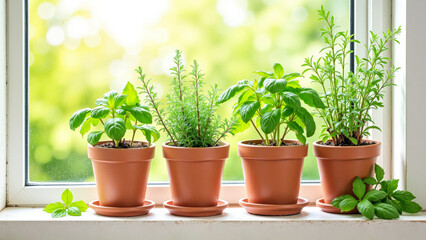 Obraz premium Potted herbs on a windowsill in natural light with copy space