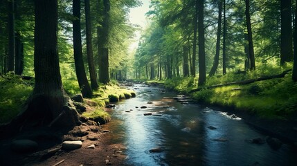 Fototapeta premium A photo of a forest path along a tranquil stream
