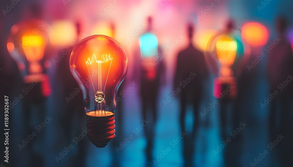 Poster conceptual image of glowing light bulb with creative energy emanating, surrounded by abstract silhou
