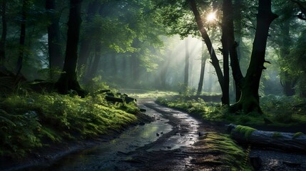 Obraz premium A photo of a forest path covered in morning dew