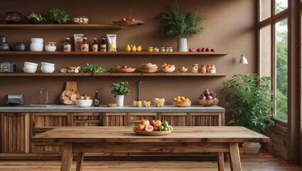 Warm wooden table against brown wall in kitchen