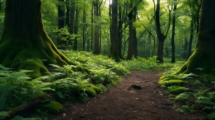 Obraz premium A photo of a forest path through a dense woodland
