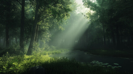 Sunlight Rays Streaming Through Green Forest Trees in Peaceful Nature Scene