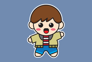Cartoon little kid laughing vector cute icon sticker, waving hand wearing jacket. Can be changed every element as needed