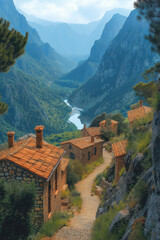 Obraz premium Photo réaliste d’un village isolé dans une vallée avec rivière et montagnes escarpées