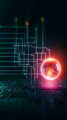 Futuristic digital brain circuit connection; data streams flow, glowing sphere; technology background; for AI, tech websites