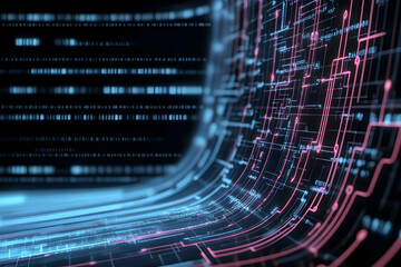 Fototapeta premium Futuristic digital circuit board curves, glowing lines, binary code background; tech innovation concept