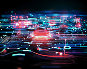 Fototapeta premium Futuristic digital circuit board, glowing nodes and lines, data processing, technological background, ideal for tech presentations