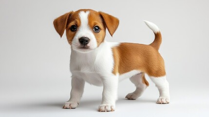 Adorable small puppy, brown and white fur, standing on light gray background.