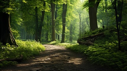 Obraz premium A photo of a forest path with lush green foliage