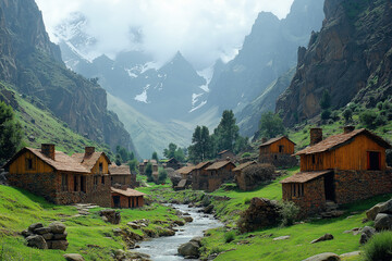 Photo réaliste d’un village isolé dans une vallée avec rivière et montagnes escarpées