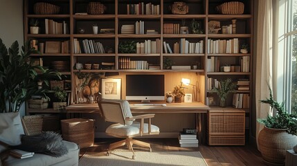 Serene Study: Warm Wood Workspace with Bookshelves and Natural Light