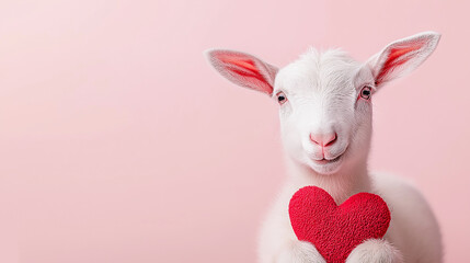 Adorable baby goat holding red heart cookie in front of pink background, cute animal portrait symbolizing love, kindness, and Valentine’s Day