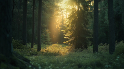 Obraz premium Sunlight Rays Streaming Through Green Forest Trees in Peaceful Nature Scene