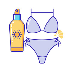 sunscreen bottle beside a bikini icon, 