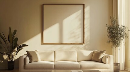Sunlit Living Room: Beige Sofa, Minimalist Art, Serene Atmosphere