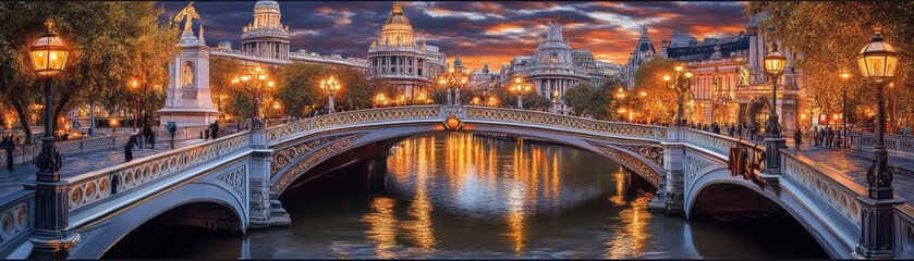 Obraz premium Illuminated bridge, city sunset, river reflection, travel postcard