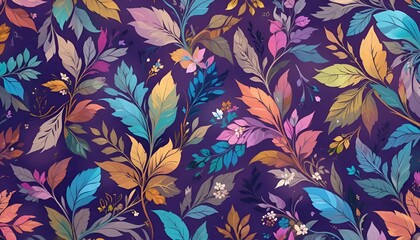 Vibrant leaf pattern texture on a dark background, colorful botanical design, artistic composition