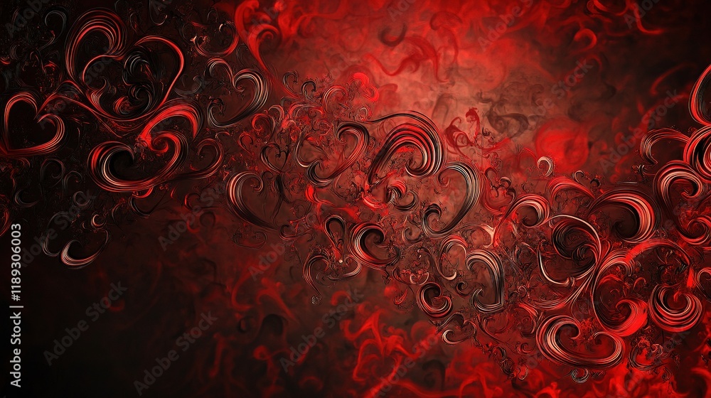 Poster intertwined hearts with swirls and dynamic background design