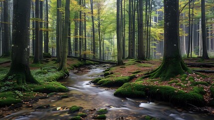 Obraz premium a natural landscape with dense forest and stream with large trees and different botanical diversities in daylight