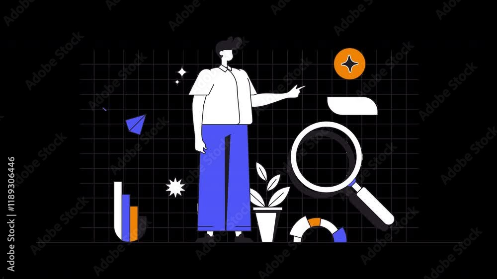 Poster a diverse character presenting data with visual elements in a flat design style.