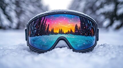 A ski goggle resting on snow, reflecting a colorful sunset and pine trees in the lens.